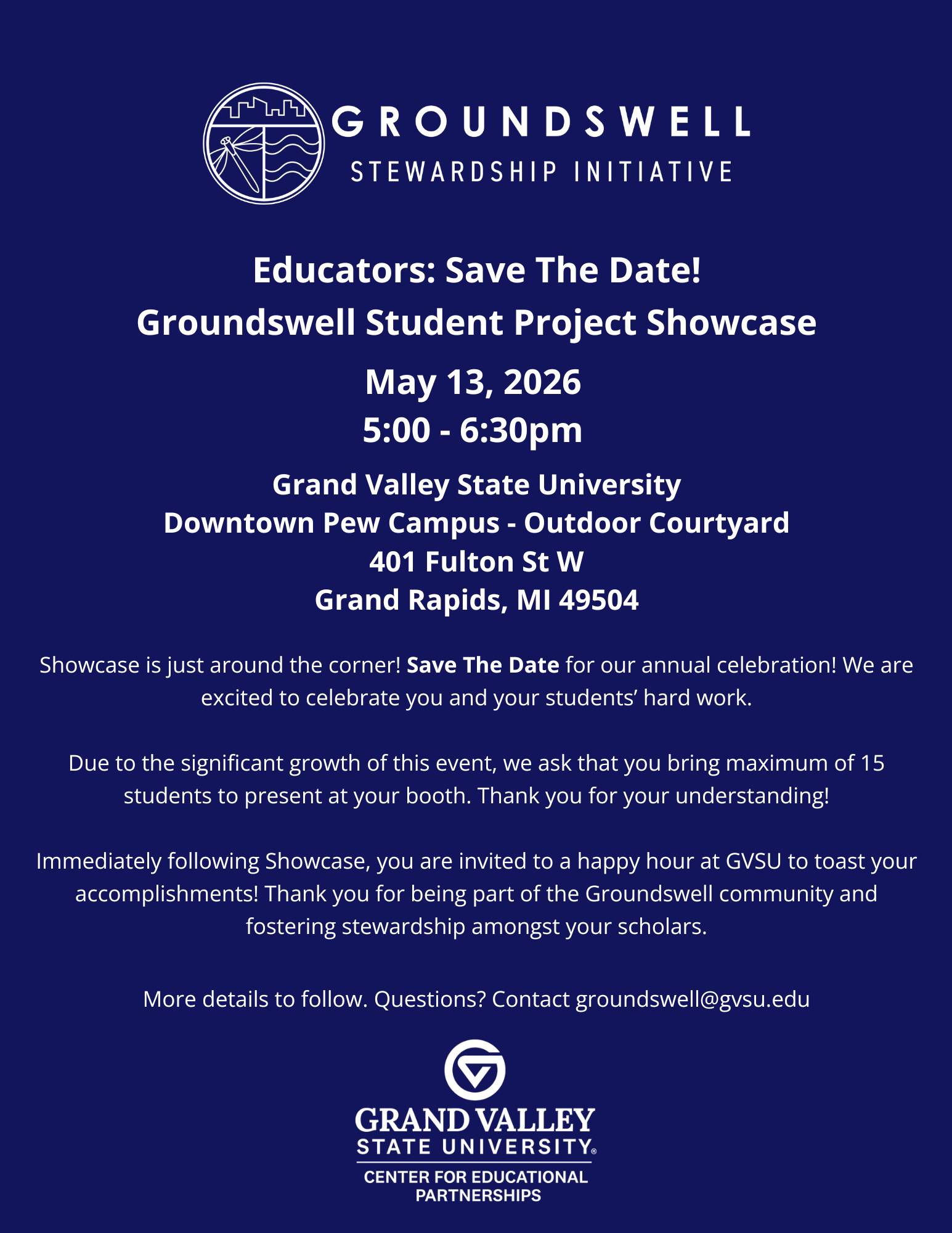 Flyer with general information on for showcase event; May 13th, 2026 at 5pm, location 401 Fulton St. W Grand Rapids MI